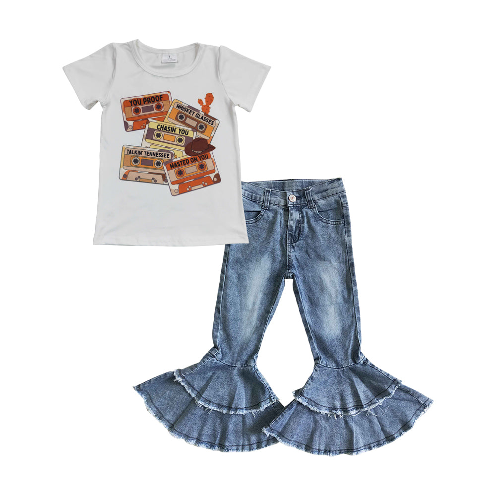 GT0131 GIRLS YOUR PROOF TAPE WHITE SHORT SLEEVE TOP+C5-15 Light bleached double denim flared pants