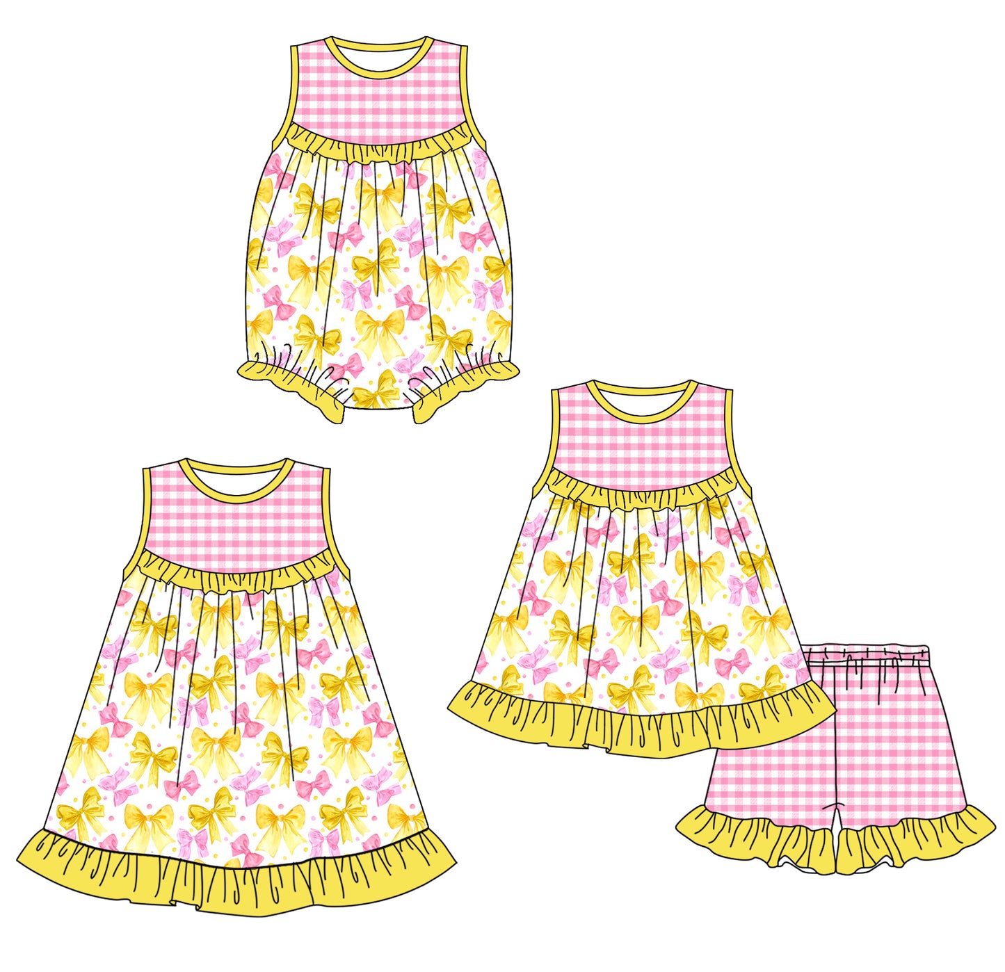 1.24 custom each style moq 5eta 4-6week Sibling Sisters bow baby girl short sleeve shorts sets and dress and rompers match family design