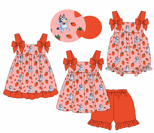 1.18 custom each style moq 5eta 4-6week Sibling Sisters cartoon dog strawberry baby girl short sleeve shorts sets and dress and rompers match family design