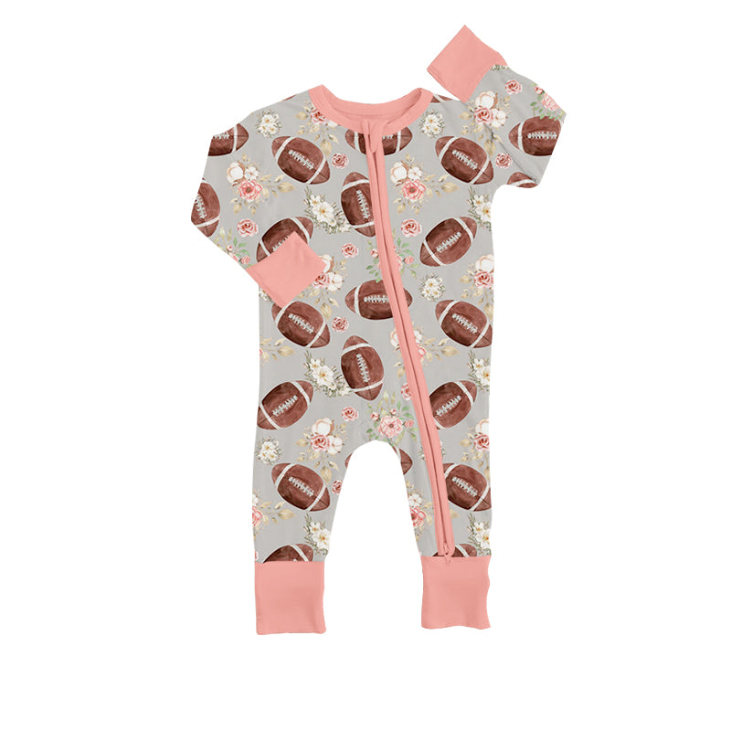 4.27custom moq 5 eta 4-5weeks football flower prints green-pink baby romper