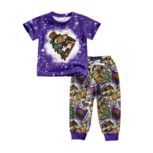 5.2custom each style moq 5eta 4-5week GOLDEN TICKET cartoon character prints purple boy outfits set and baby romper