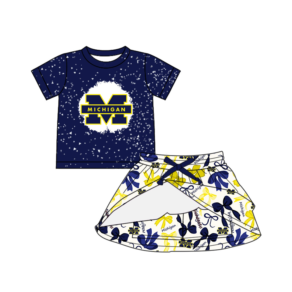 Custom moq 5 mix sizes summer teams baby girls clothes team blue short sleeve skirts shorts sets dress 1 and dress 2-25.5.10