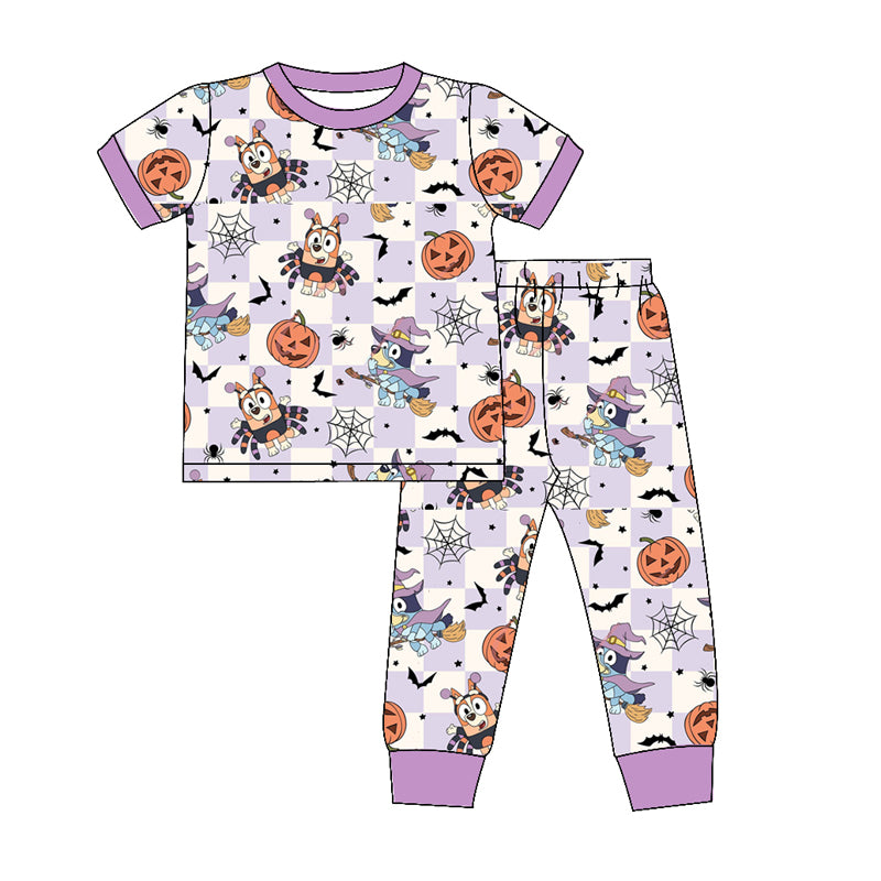 5.7custom each style moq 5eta 4-5week Sibling Sister Halloween pumpkin prints white and purple girls and boys outfits and baby romper and backpack match family design