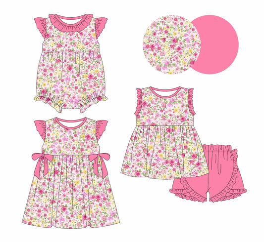 1.3 custom each style moq 5eta 4-6week Sibling Sister floral baby girl short sleeve shorts sets and dresses and romper match design