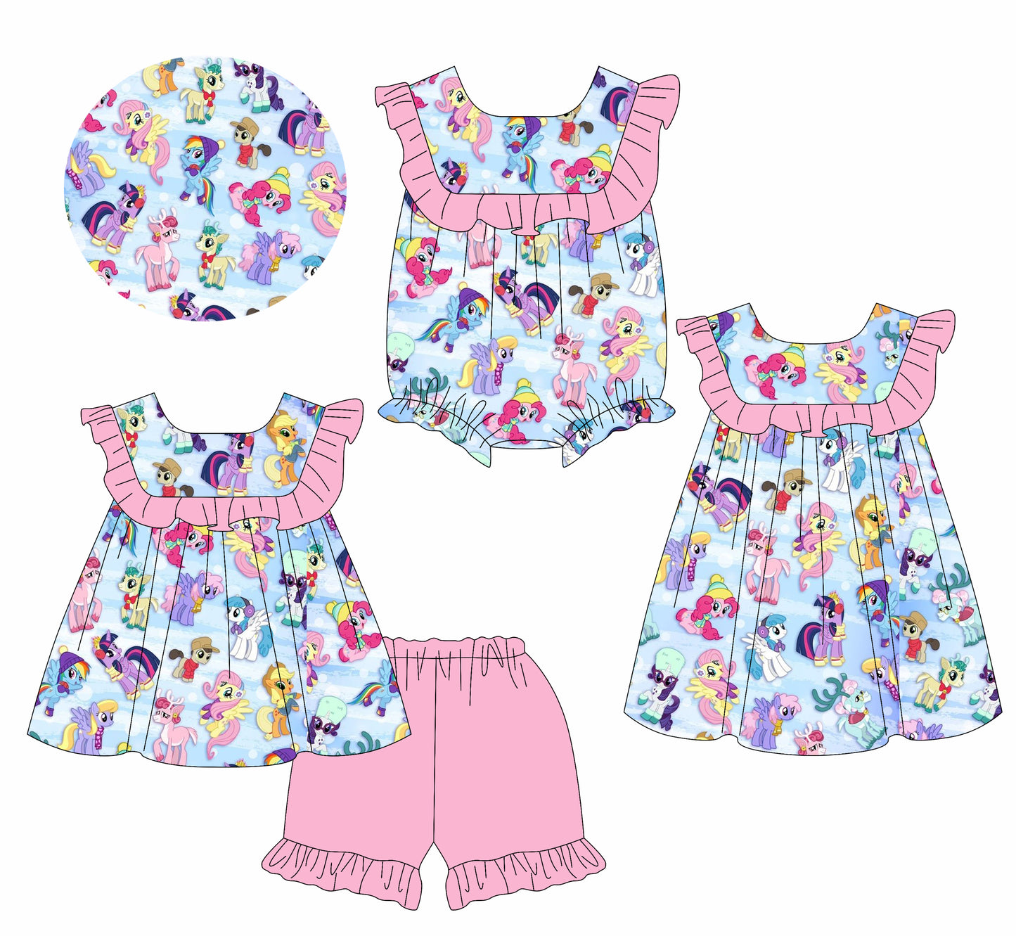 2.8 custom each style moq 5eta 4-6week Sibling Sisters cartoon baby girl short sleeve shorts sets and dress and rompers match family design