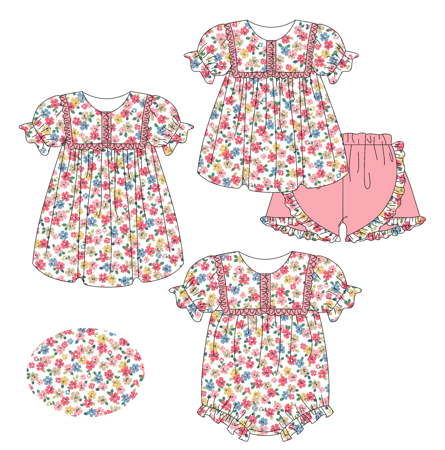 2.13 custom each style moq 5eta 4-6week Sibling Sisters floral baby girl short sleeve shorts sets and dress and rompers match family design