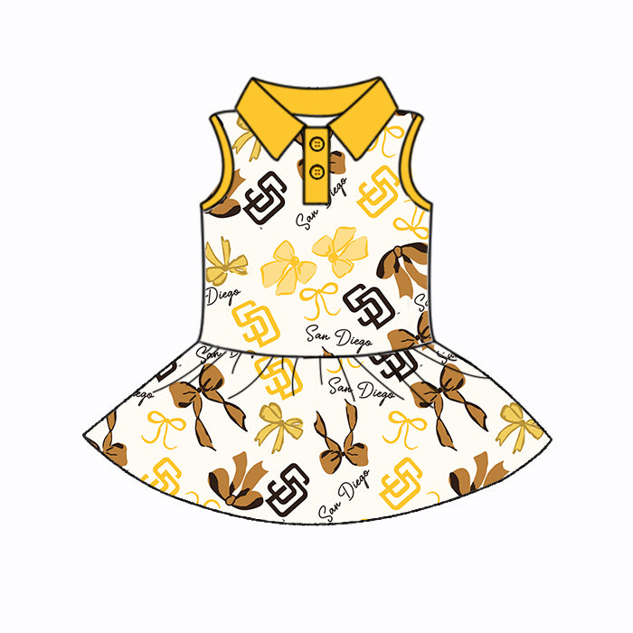 Custom moq 5 mix sizes summer teams baby girls clothes team yellow short sleeve skirts shorts sets dress 1 and dress 2 and dress 3 and dress 4-25.5.19