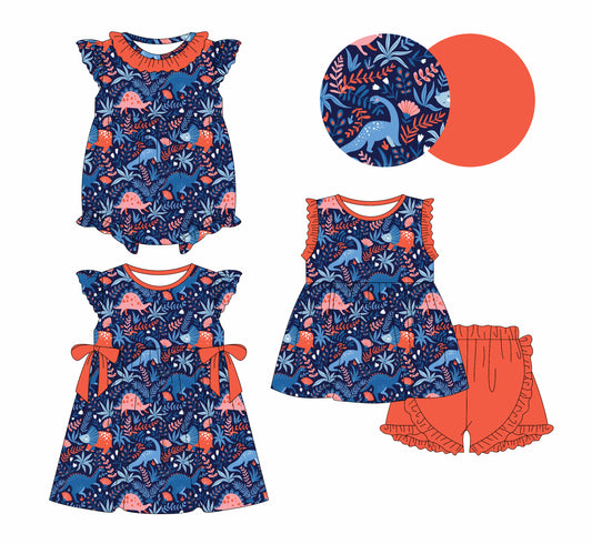 1.4 custom each style moq 5eta 4-6week Sibling Sistes dinosaur baby girl short sleeve shorts sets and dress and rompers match family design