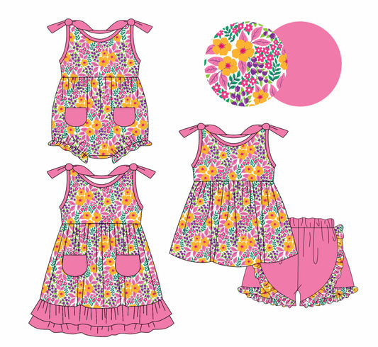 1.7 custom each style moq 5eta 4-6week Sibling Sister floral baby girl short sleeve shorts sets and dress and rompers match family design