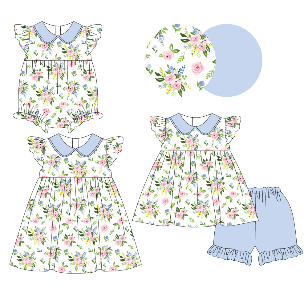 1.13 custom each style moq 5eta 4-6week Sibling Sisters floral baby girl short sleeve shorts sets and dress and rompers match family design