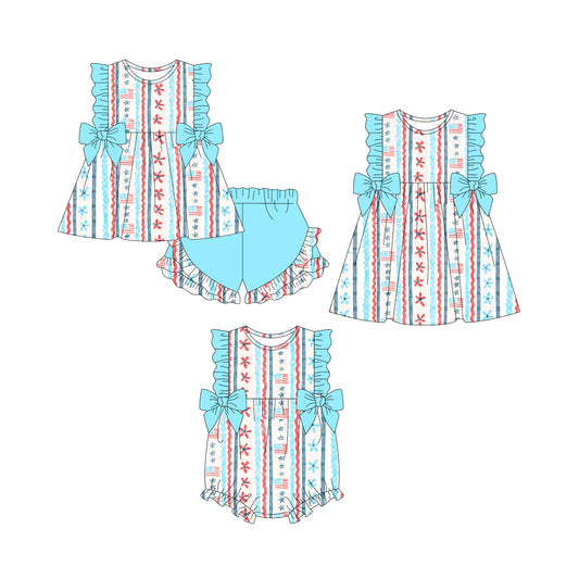 26.1.2 custom each style moq 5 eta 6-8week Sibling Sister flag bow baby short sleeve shorts sets and romper and dress match design