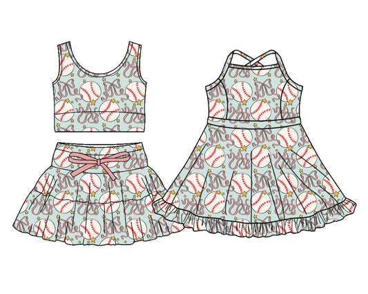 25.12.4 custom each style moq 5 eta 6-8week Sibling Sister baseball baby short sleeve skirts sets and dress match design