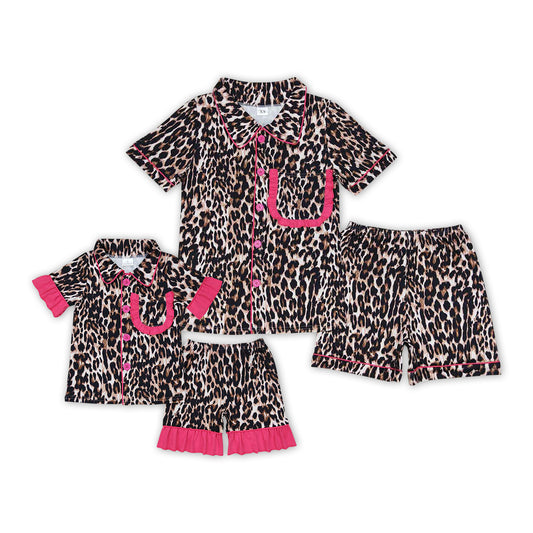 RTS NO MOQ Adult Girls leopard Short Sleeve Shorts Pajama Set & kids shorts sets