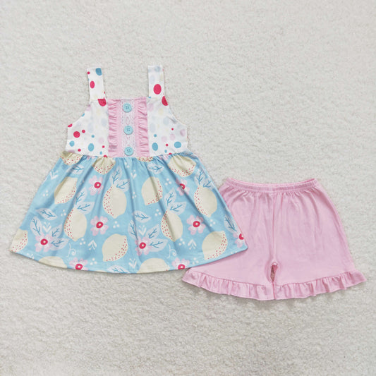 rts no moq GSSO1133 Lemon flower sleeveless pink shorts set