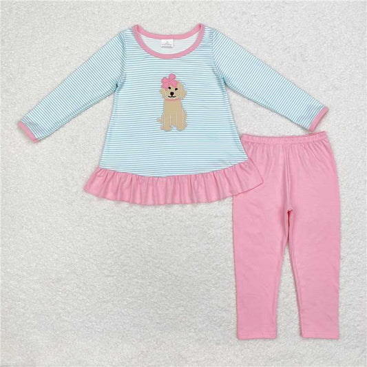 RTS NO MOQ（In Stock) GLP1376 Baby girl Toddler embroidery puppy Shirts plaid Pants Clothes Sets