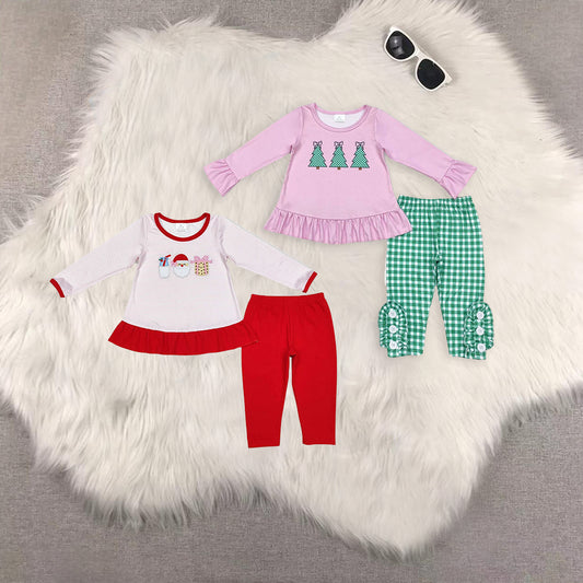 RTS NO MOQ Sibling Baby Girls Christmas trees Long Sleeve Pants Set
