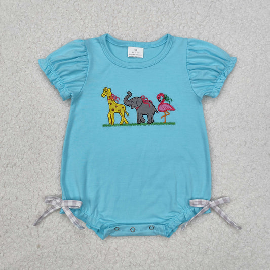 RTS NO MOQ ETA 5/7days arrived SR2124 Embroidery Girls Giraffe Elephant Bird Animal Blue Short Sleeve Bodysuit