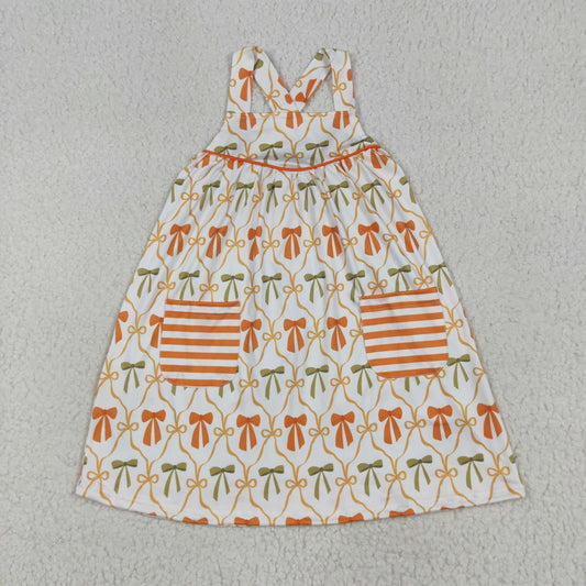 RTS NO MOQ（In Stock）GSD2676 Orange green bow pattern striped pocket sleeveless dress