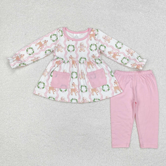 RTS NO MOQ ETA 5/7days GLP1629 Gingerbread man deer wreath pocket pink and white long-sleeved trousers set