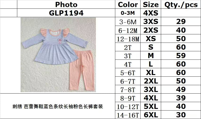 RTS NO MOQ GLP1194 Embroidered ballet shoes blue stripe long sleeve pink trousers set