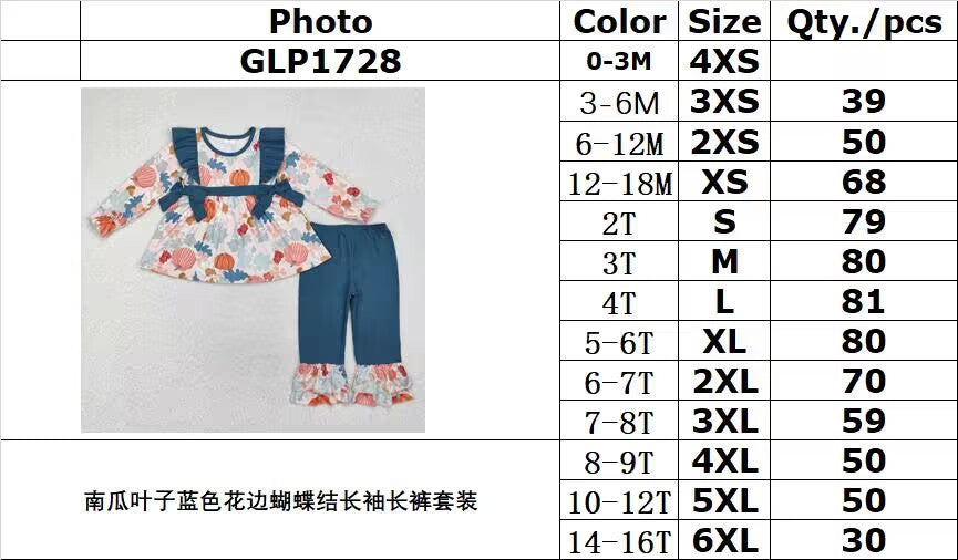 RTS NO MOQ ETA 5/7days arrived GLP1728 Pumpkin leaf blue lace bow long sleeve trousers set