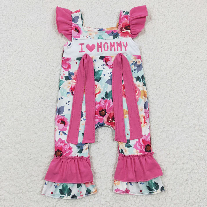 RTS NO MOQ Baby Girls I Love Mom Pink Floral Rompers Dresses