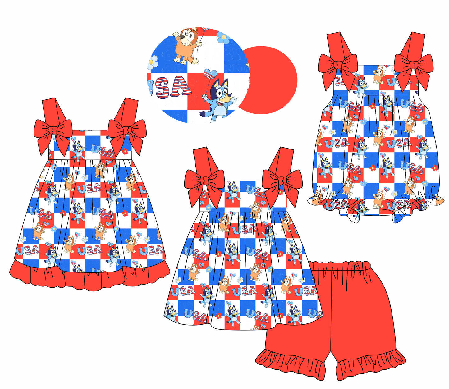 1.18 custom each style moq 5eta 4-6week Sibling Sisters cartoon dog USA baby girl short sleeve shorts sets and dress and rompers match family design