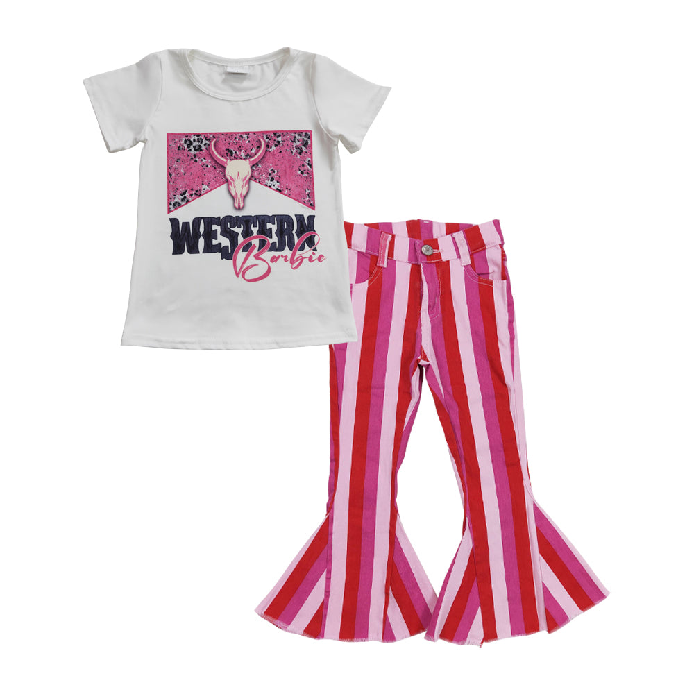 GT0134 Girls WESTERN pink cow head white short-sleeved top+P0043 Light pink, dark pink and bright red striped denim trousers