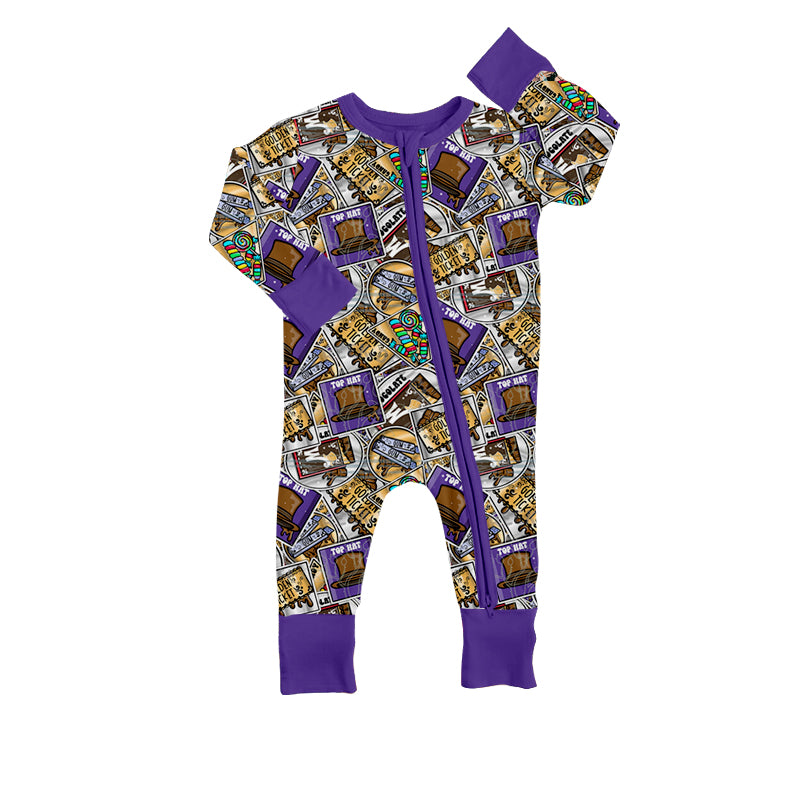 5.2custom each style moq 5eta 4-5week GOLDEN TICKET cartoon character prints purple boy outfits set and baby romper