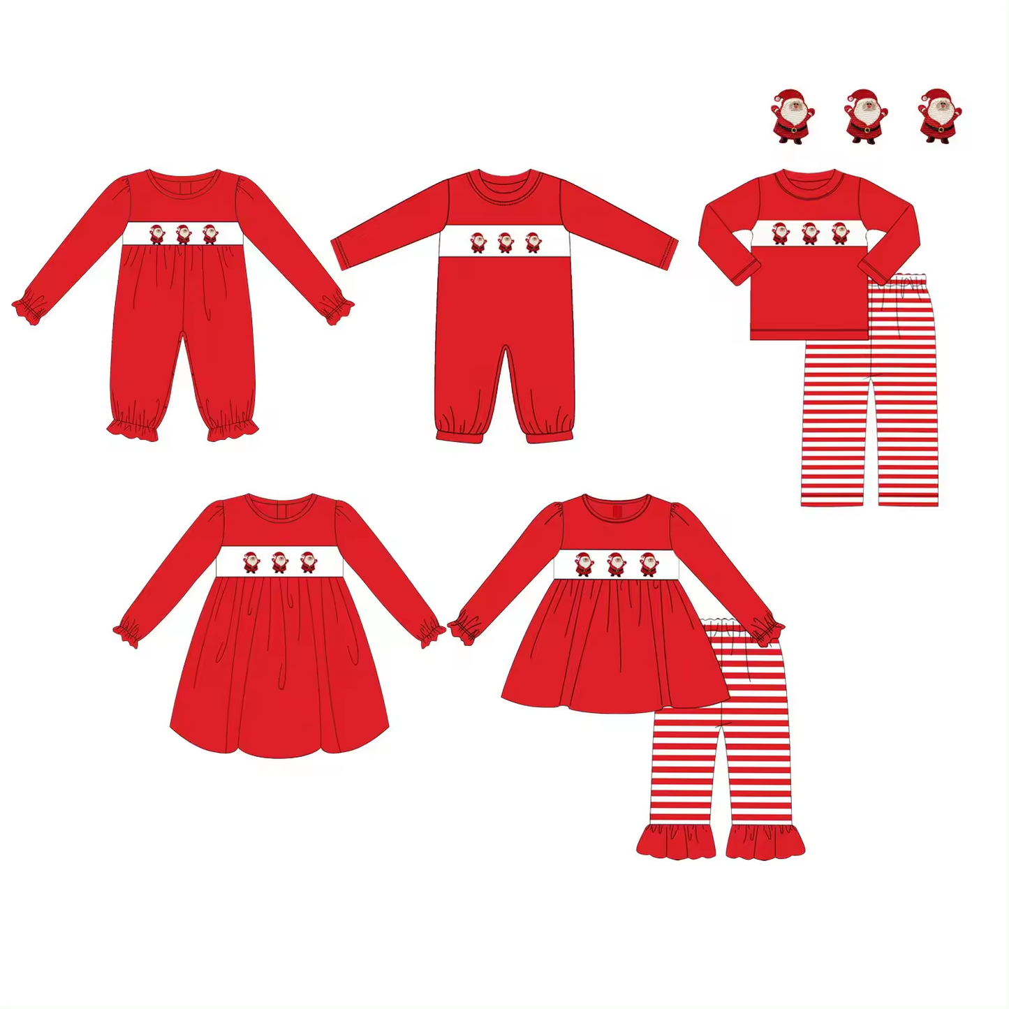 5.15custom each style moq 5eta 4-5week Sibling Sister Christmas style Santa Claus print red girls and boys outfits and baby romper and dress match family design