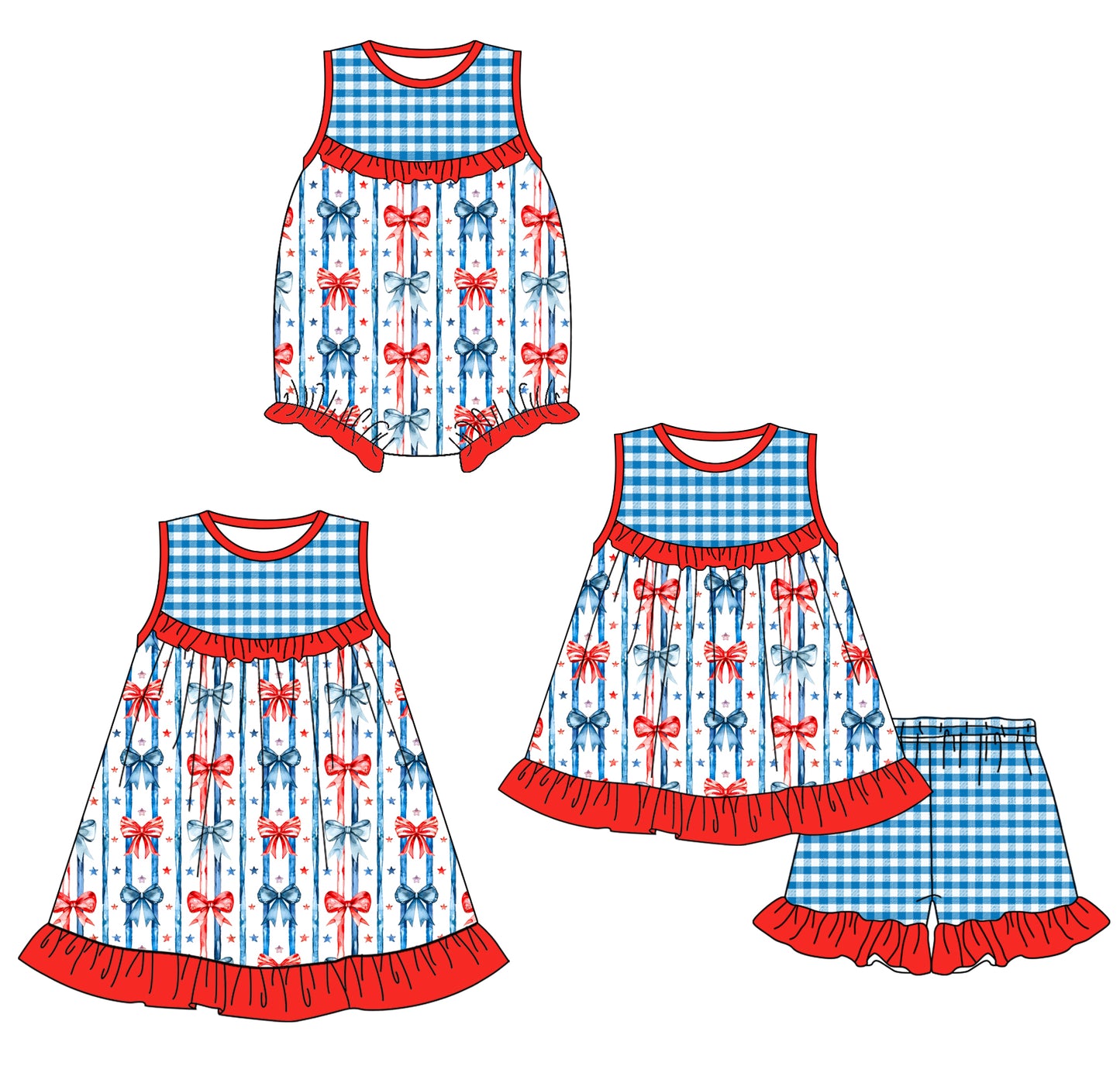 1.24 custom each style moq 5eta 4-6week Sibling Sisters bow baby girl short sleeve shorts sets and dress and rompers match family design