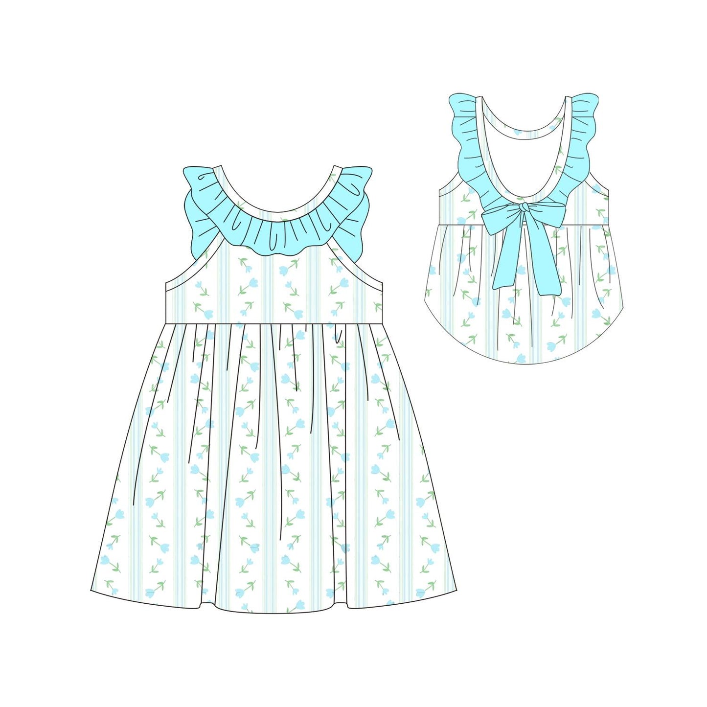 5.10custom each style moq 5eta 4-5week Sibling Sister blue flower print blue girls set and baby rompers and dress match family design