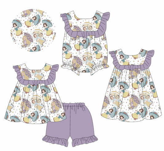 1.14 custom each style moq 5eta 4-6week Sibling Sisters disney princess baby girl short sleeve shorts sets and dress and rompers match family design