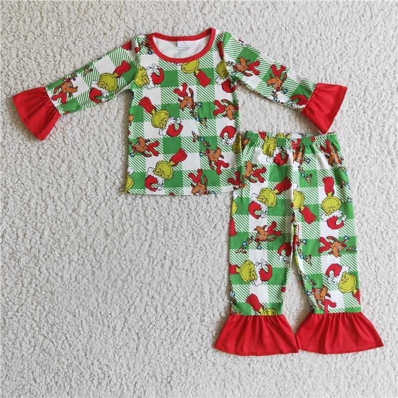 Baby Girls boys Christmas elk print green and white stripes Family siblings set