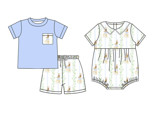 26.1.5 custom each style moq 5 eta 6-8week Sibling Sister easter bunny baby boy short sleeve shorts sets and romper match design