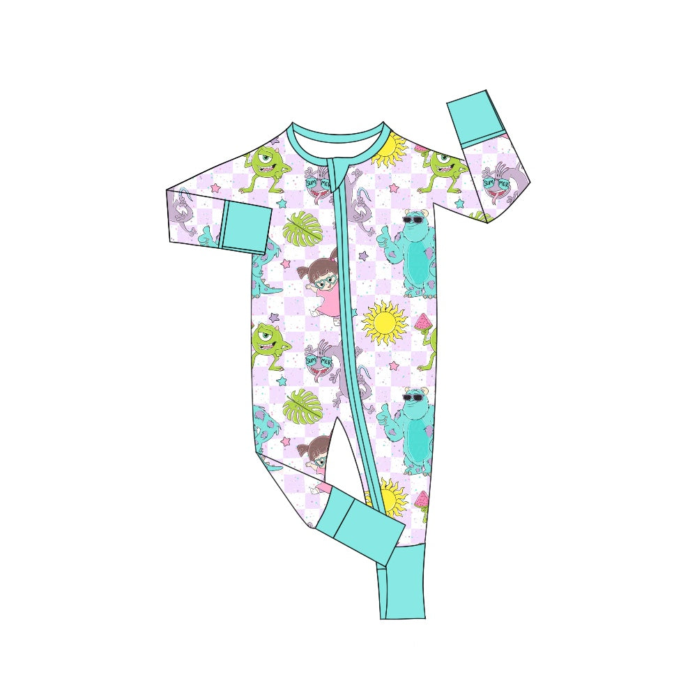 5.3custom each style moq 5eta 4-5week Sibling Sister cartoon character prints purple-white plaid girls jumpsuits and boy set and baby romper match family design