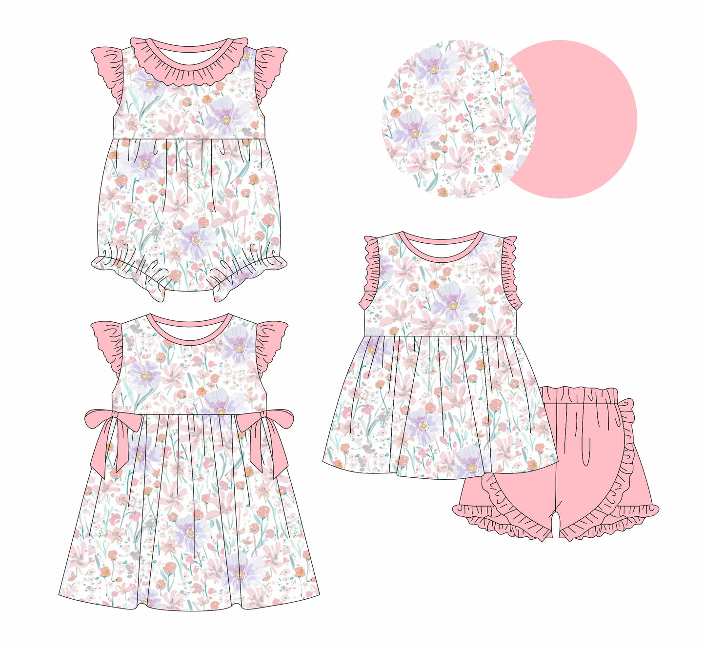 1.11 custom each style moq 5eta 4-6week Sibling Sister floral baby girl short sleeve shorts sets and dress and rompers match family design