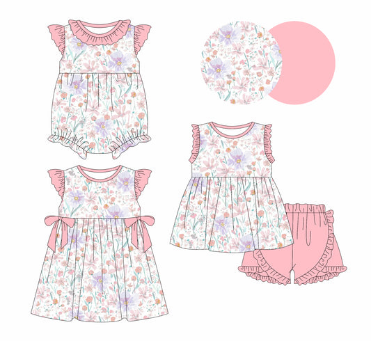 1.11 custom each style moq 5eta 4-6week Sibling Sister floral baby girl short sleeve shorts sets and dress and rompers match family design