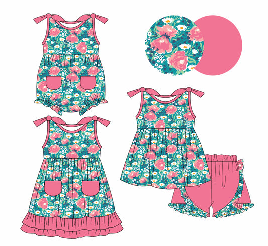 1.7 custom each style moq 5eta 4-6week Sibling Sister floral baby girl short sleeve shorts sets and dress and rompers match family design