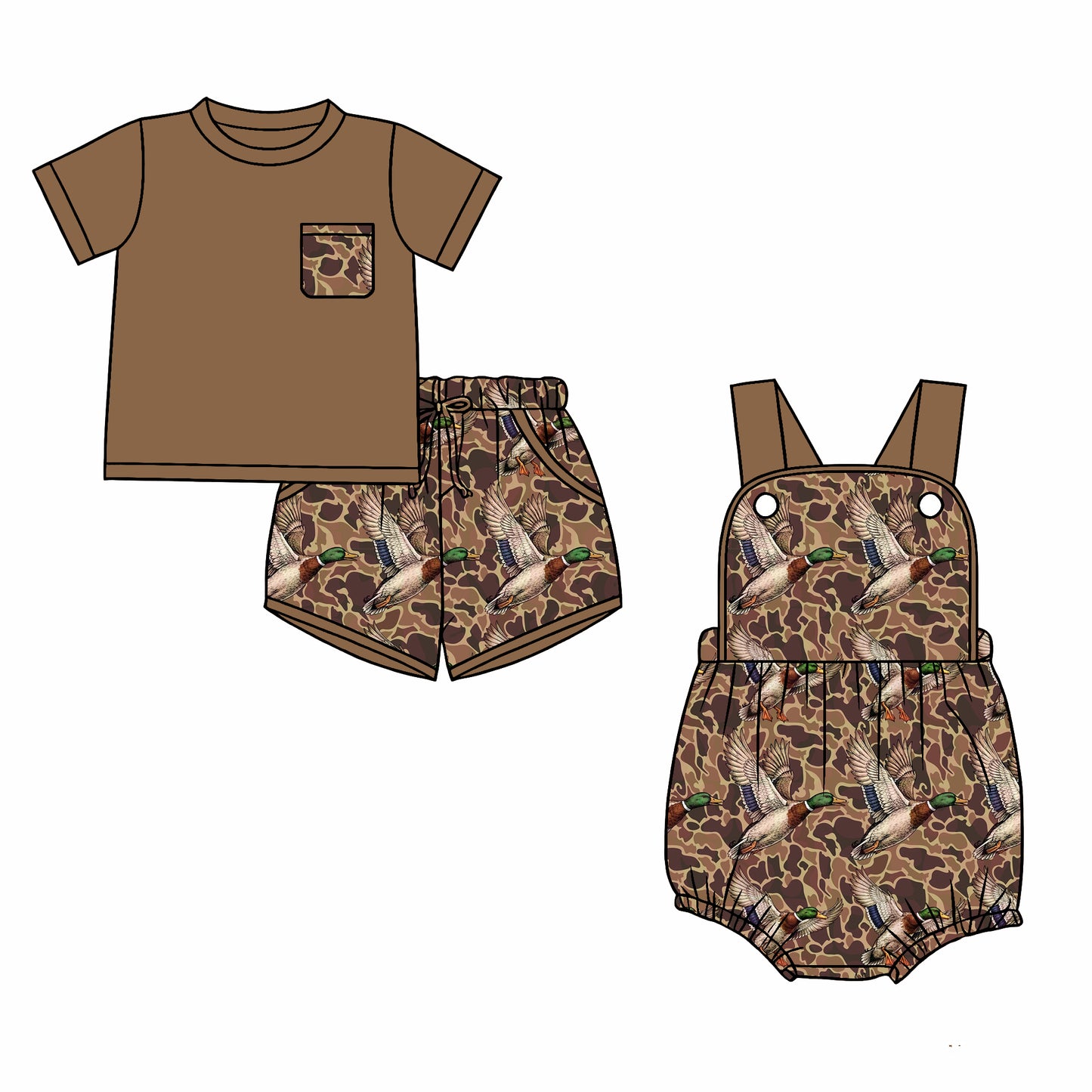 26.1.2 custom each style moq 5 eta 6-8week Sibling Sister camouflage duck baby boy short sleeve shorts sets and romper match design