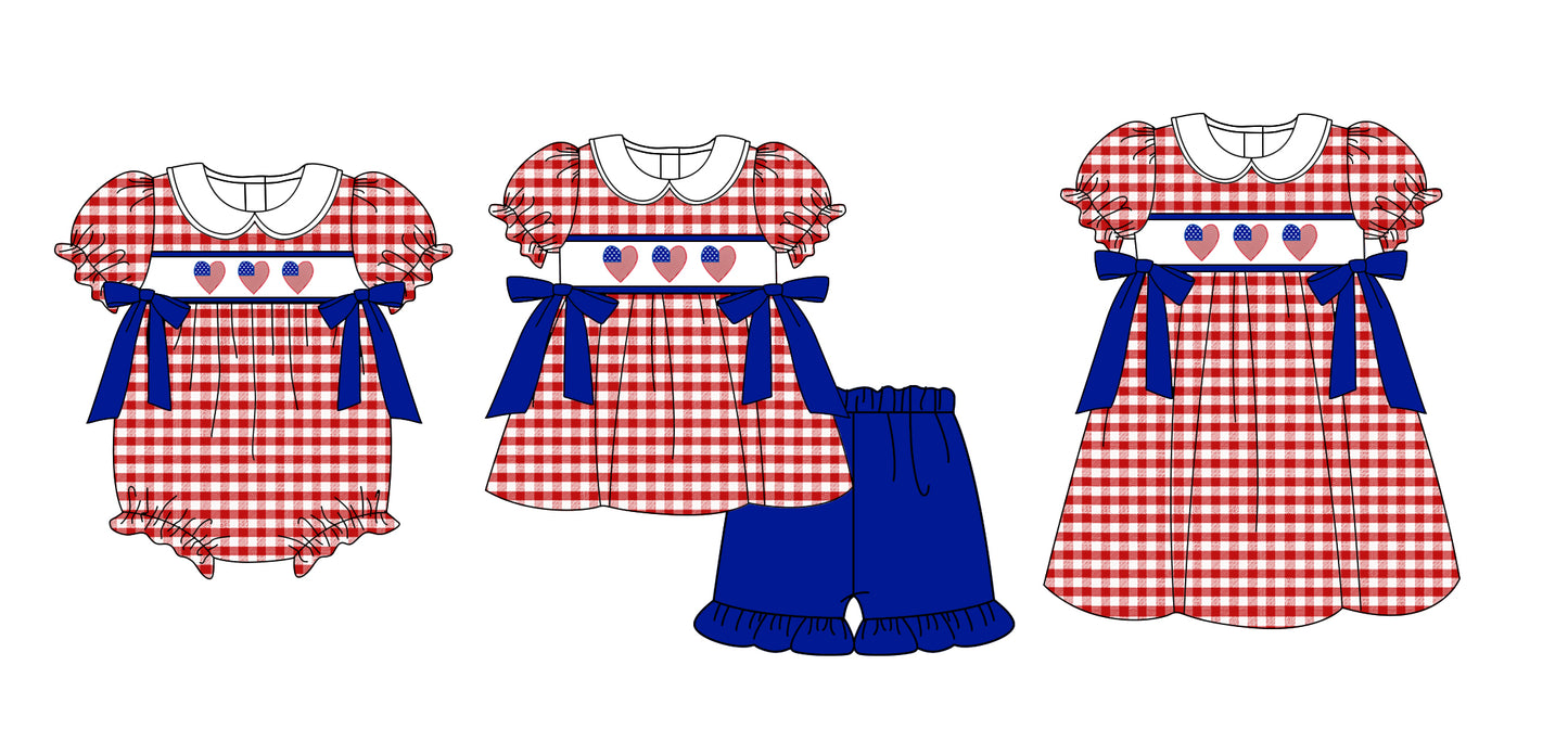 1.8 custom each style moq 5eta 4-6week Sibling Sister 4th of july baby girl short sleeve shorts sets and dress and rompers match family design