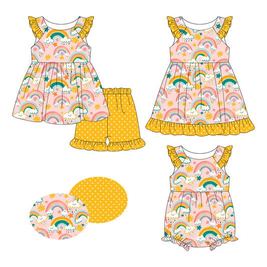 26.1.8 custom each style moq 5 eta 6-8week Sibling Sister rainbow floral baby short sleeve shorts sets and romper and dress match design