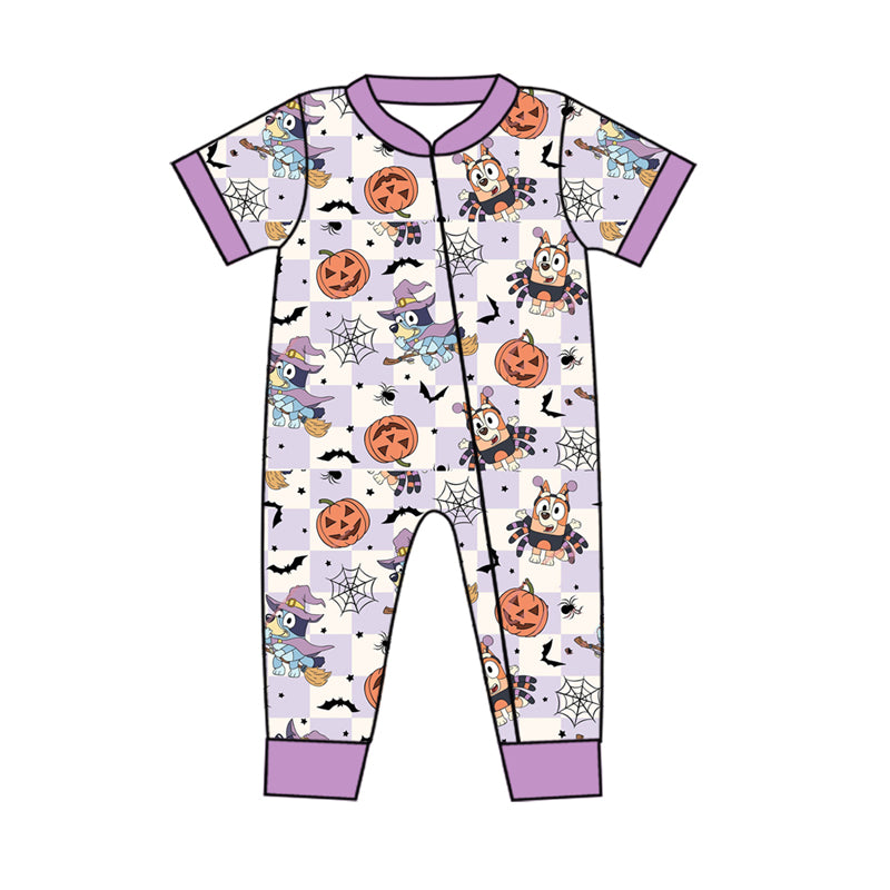 5.7custom each style moq 5eta 4-5week Sibling Sister Halloween pumpkin prints white and purple girls and boys outfits and baby romper and backpack match family design