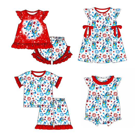 1.25 custom each style moq 5eta 4-6week Sibling Sister cartoon dog baby girl short sleeve shorts sets and sets 2 and girl romper and dress match design