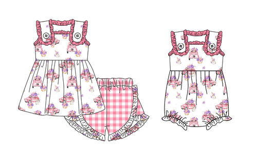 1.23 custom each style moq 5eta 4-6week Sibling Sister baby girls short sleeve shorts sets and romper match design