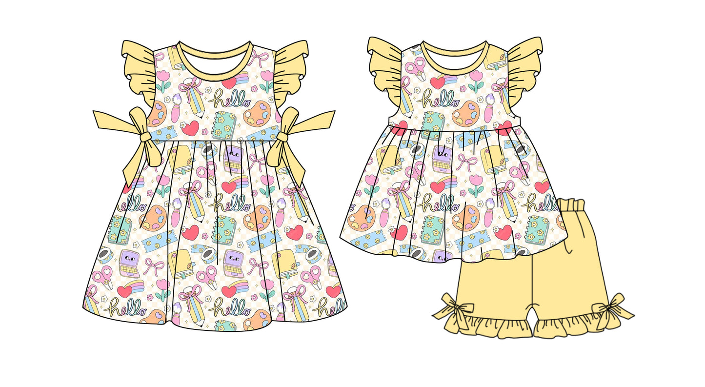 1.6 custom each style moq 5eta 4-6week Sibling Sister pencil bow baby girl short sleeve shorts sets and dresses match design