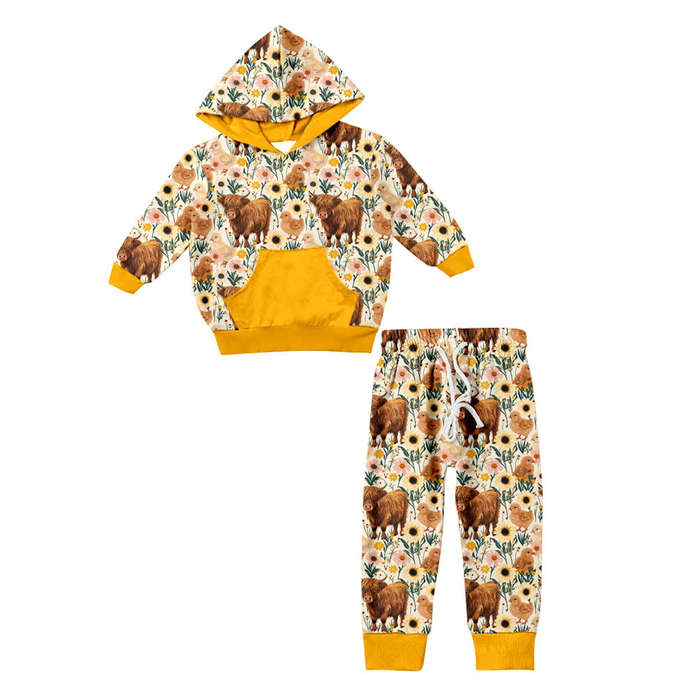 5.12custom each style moq 5eta 4-5week Sibling Sister cow flower prints yellow girls and boys outfits and baby romper and blanket match family design