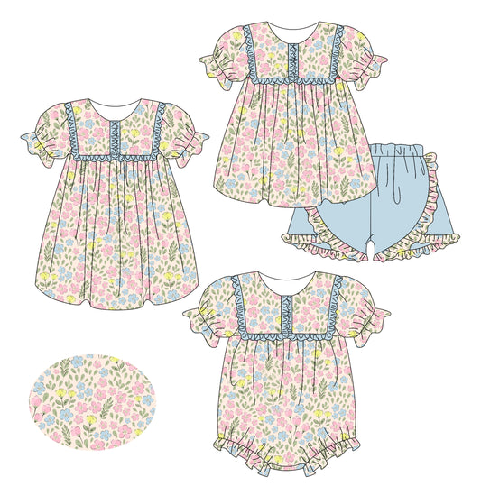 2.13 custom each style moq 5eta 4-6week Sibling Sisters floral baby girl short sleeve shorts sets and dress and rompers match family design