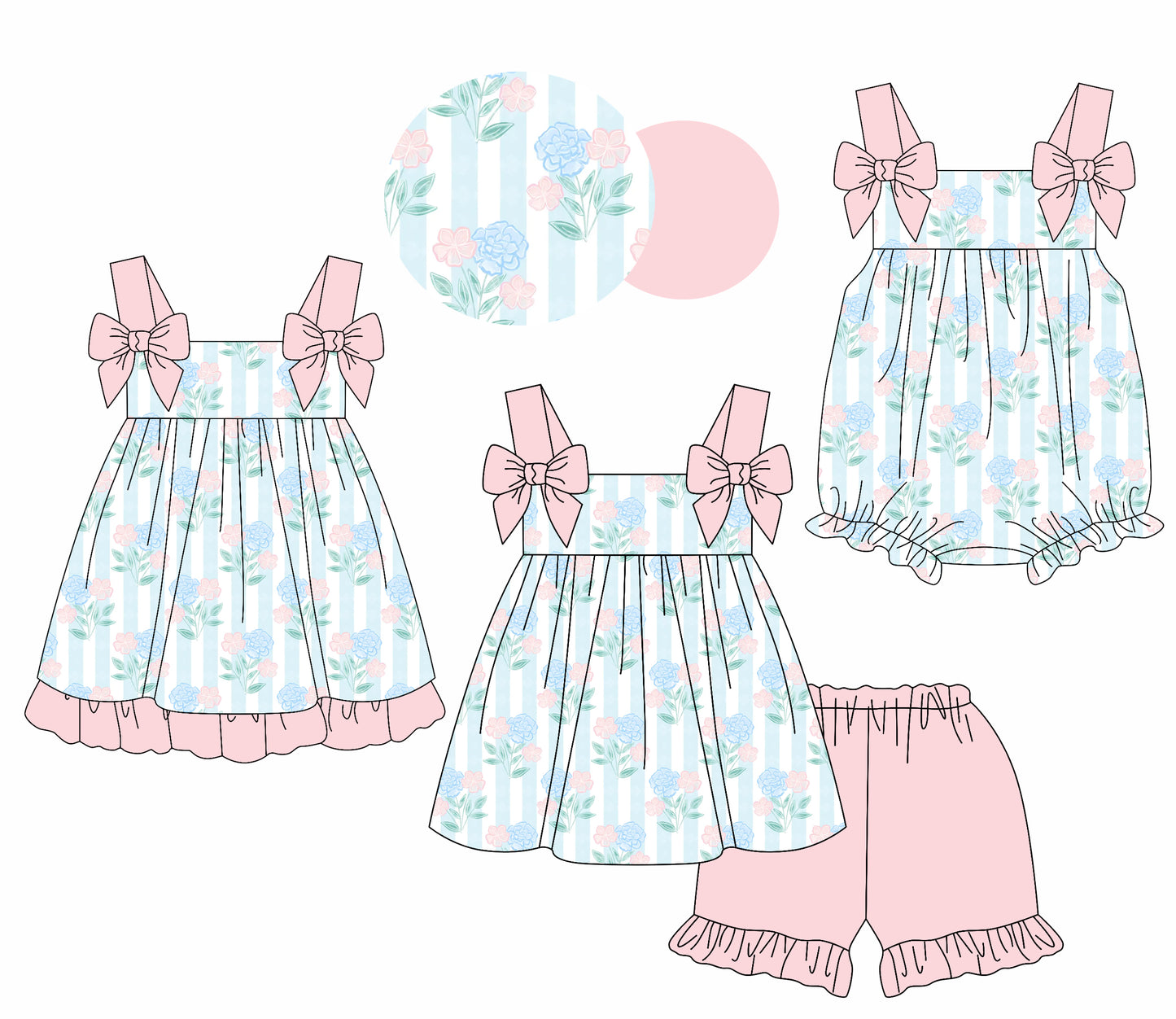 1.21 custom each style moq 5eta 4-6week Sibling Sisters floral baby girl short sleeve shorts sets and dress and rompers match family design