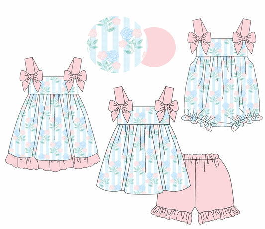 1.21 custom each style moq 5eta 4-6week Sibling Sisters floral baby girl short sleeve shorts sets and dress and rompers match family design